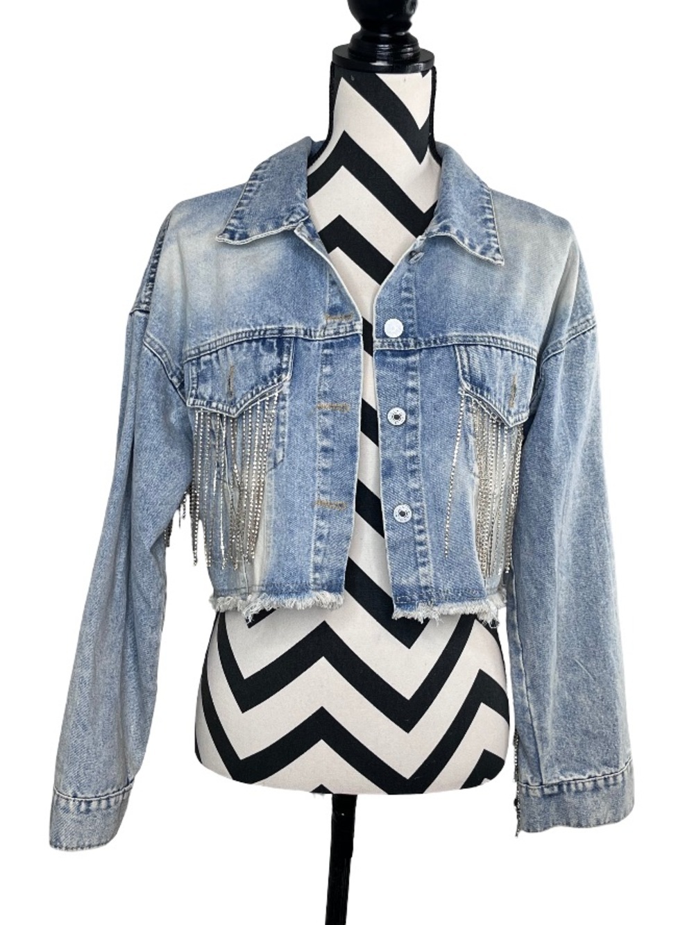 Lucky & Blessed Sz M Rhinestone Fringe Western Boho Crop Denim Jacket